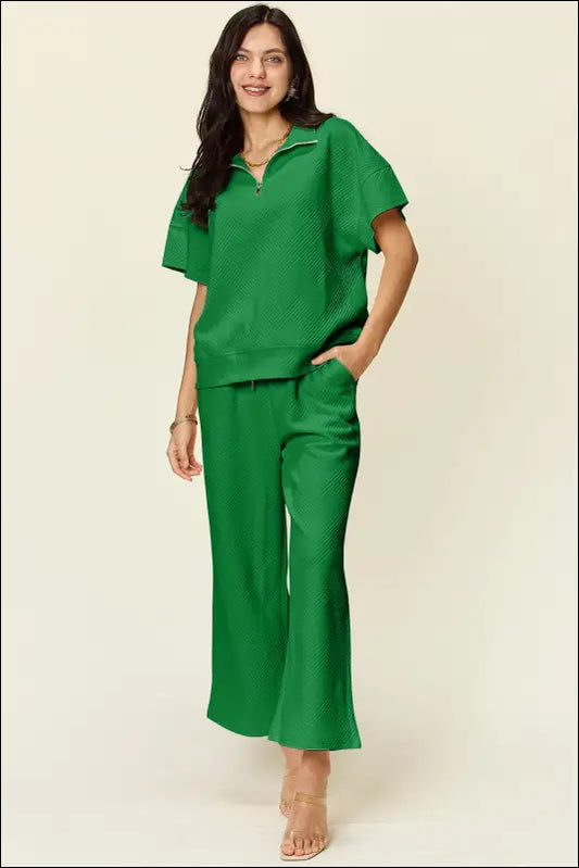 Double Take Full Size Texture Half Zip Short Sleeve Top and Pants Set - Green / S