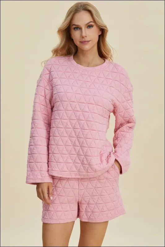 Double Take Full Size Texture Round Neck Long Sleeve Top and Shorts Set - Pink / S