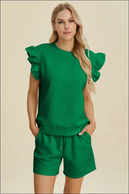 Double Take Full Size Texture Round Neck Ruffle Sleeve Top and Shorts Set - Dark Green / S