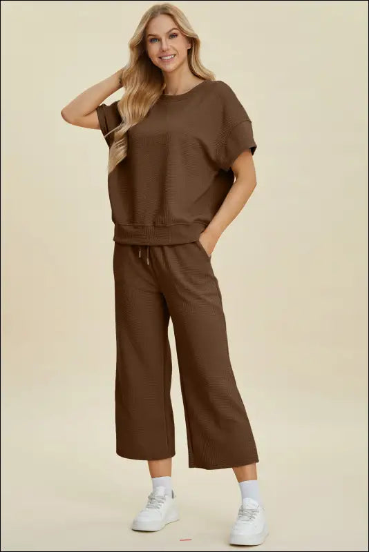 Double Take Full Size Texture Round Neck Top and Pants Set - Brown / S