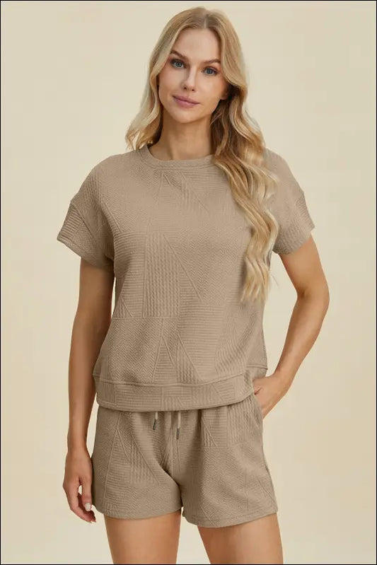 Double Take Full Size Texture Short Sleeve Top and Shorts Set - Khaki / S