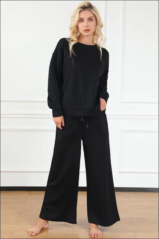 Double Take Full Size Textured Long Sleeve Top and Drawstring Pants Set - Black / S