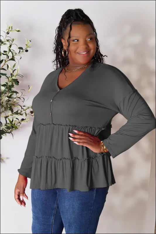 Double Take Half Button Long Sleeve Ruffle Hem Blouse - Dark Gray / S