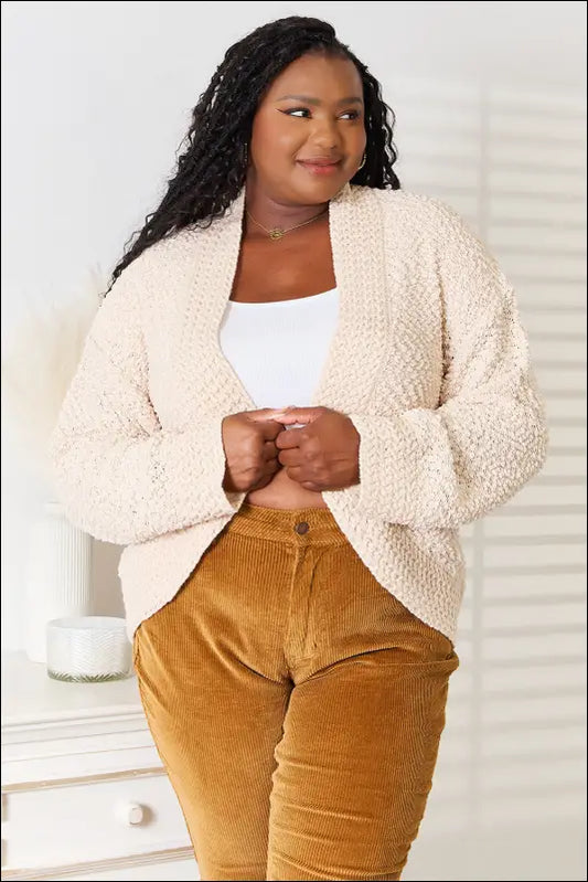 Double Take Open Front Long Sleeve Cardigan - Cream / S