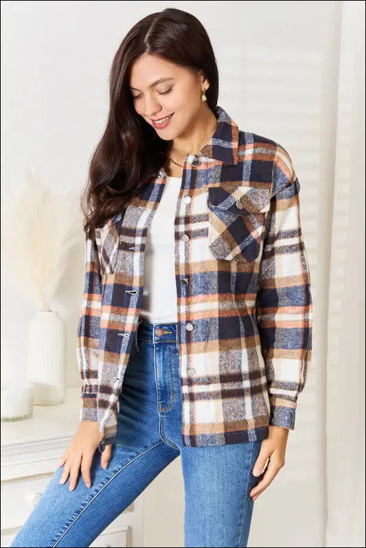 Double Take Plaid Button Front Shirt Jacket with Breast Pockets - Dark Blue / S