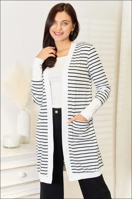 Double Take Striped Open Front Longline Cardigan - White / S