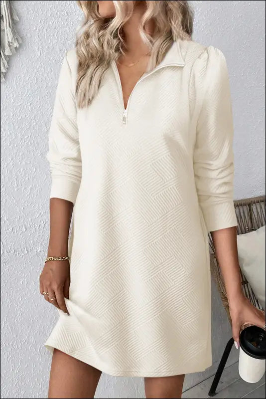 Double Take Textured Quarter Zip Long Sleeve Dress - Cream / S