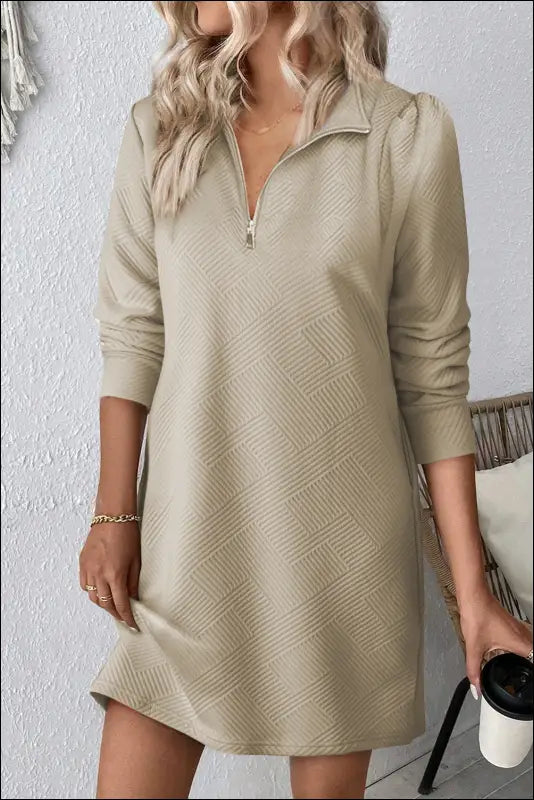 Double Take Textured Quarter Zip Long Sleeve Dress - Khaki / S