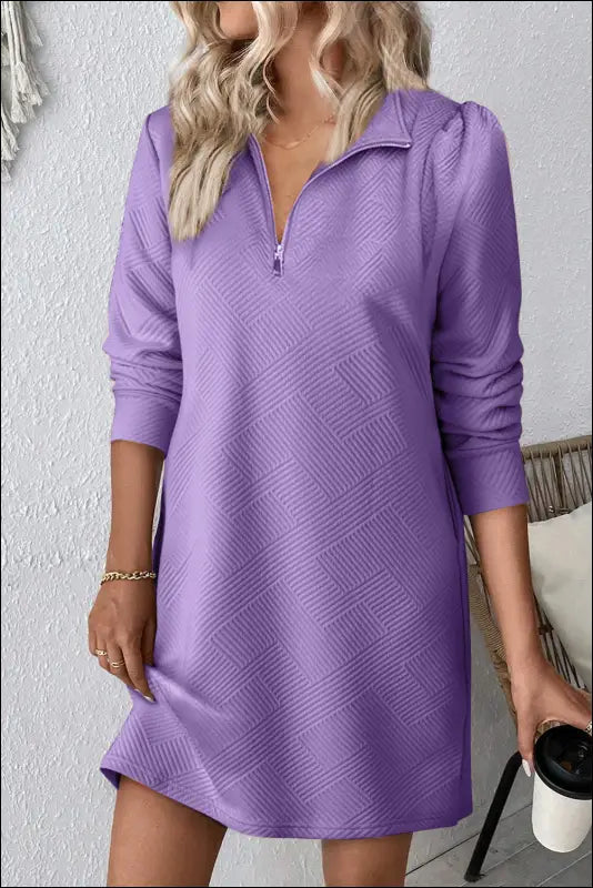 Double Take Textured Quarter Zip Long Sleeve Dress - Lavender / S