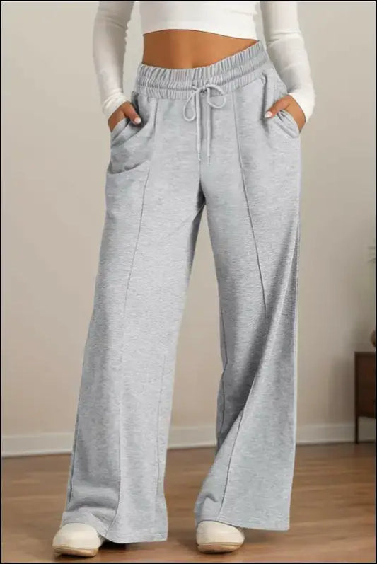 Drawstring Elastic Waist Wide Leg Pants - Gray / S