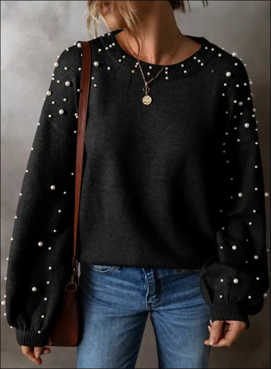 Elegant Pearl Detail Round Neck Long Sleeve Sweater - Stylish & Cozy Women’s Knitwear