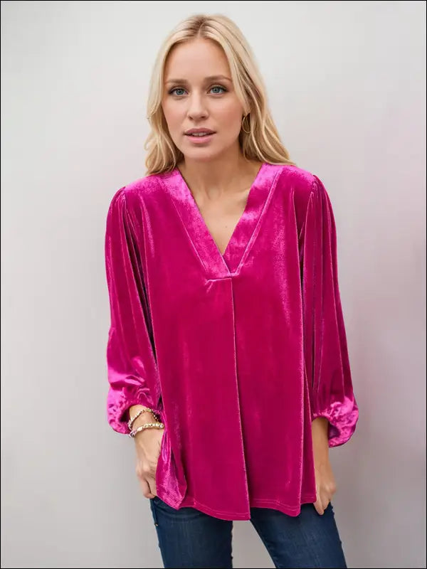 Elegant V-Neck Three-Quarter Sleeve Blouse - Stylish & Comfortable Women’s Top - Cerise / S