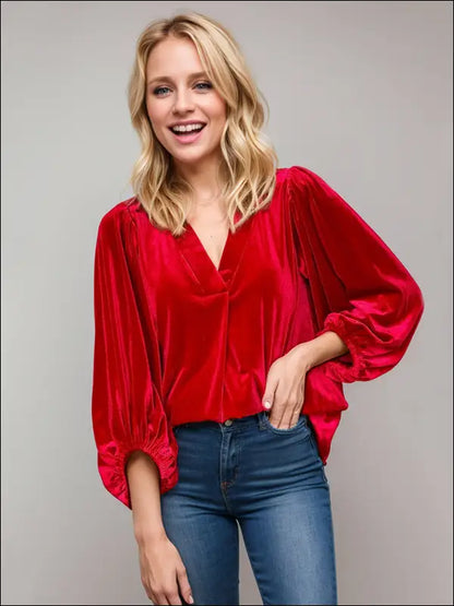 Elegant V-Neck Three-Quarter Sleeve Blouse - Stylish & Comfortable Women’s Top - Scarlet / S