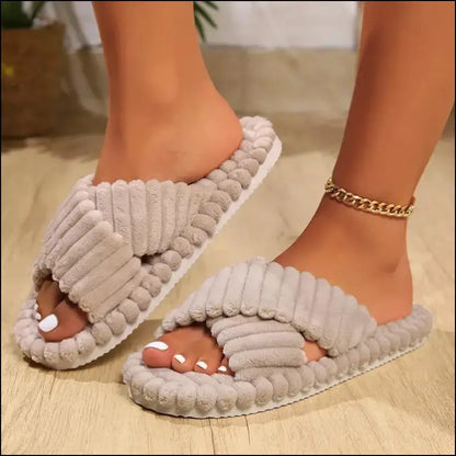 Fashion Corduroy Cross Band Home Slippers for Women | Autumn & Winter Warm Plush Slides | Soft Sole Cotton Indoor