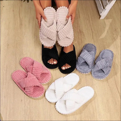 Fashion Corduroy Cross Band Home Slippers for Women | Autumn & Winter Warm Plush Slides | Soft Sole Cotton Indoor