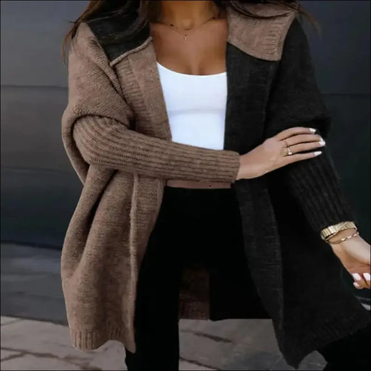 Fashionable Women’s Loose Knitted Sweater Jacket | Open Front Long Sleeve Hooded Color Block Cardigan Coat