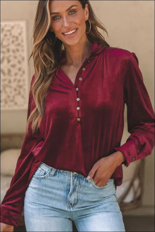 Frill Half Button Mock Neck Long Sleeve Blouse - Burgundy / M