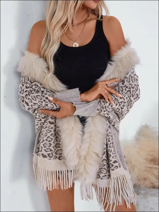 Fringe Leopard Open Front Long Sleeve Poncho - Beige / One Size