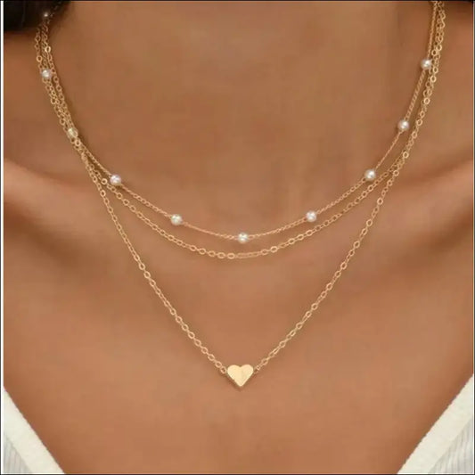 FTCY 3pcs Women’s Pearl Necklace Set - 14K Gold Love Heart Pendant Waterproof Hypoallergenic Collarbone Neck Chain