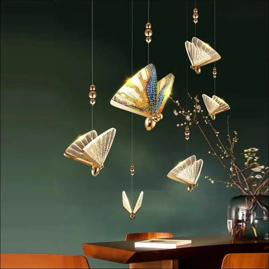 Gold LED Chandelier Pendant Light - Nordic Butterfly Design for Dining Room Kitchen Bedroom and Living - Indoor Lamp