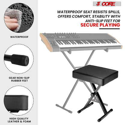 5Core Keyboard Stand Double X Style Adjustable Piano Riser BLUE + Keyboard Piano Bench BLACK