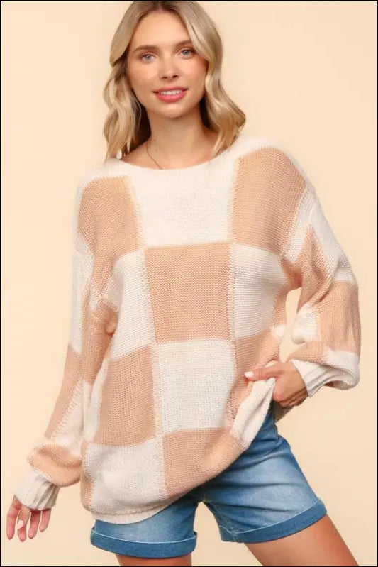 Haptics Full Size Checkered Round Neck Drop Shoulder Sweater - Apricot / S