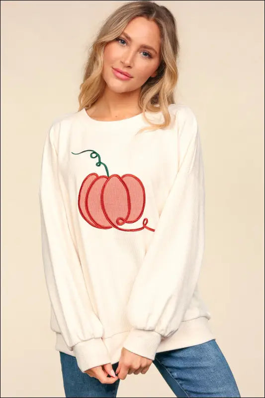 Haptics Full Size Embroidery Pumpkin Long Sleeve Knit Top - Ivory / S