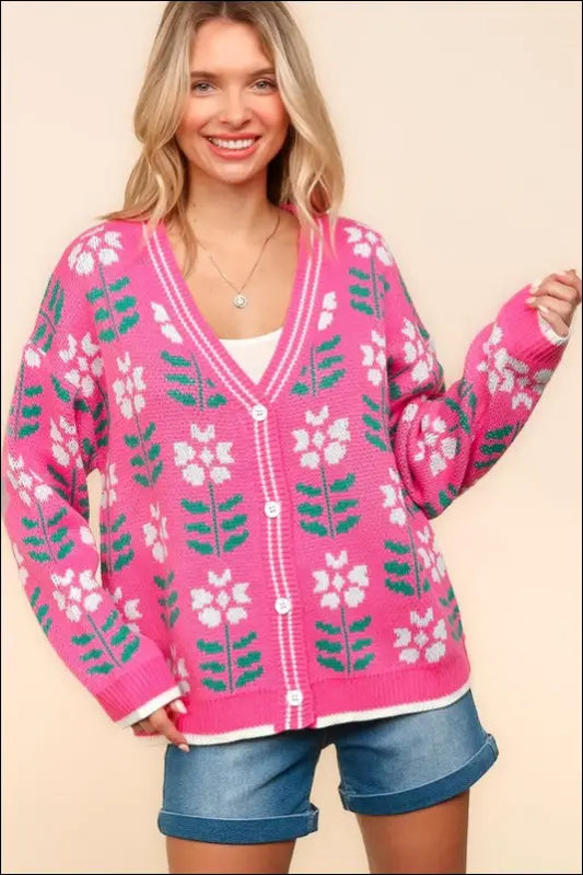 Haptics Full Size Floral Jacquard V-Neck Button Up Cardigan - Hot Pink / S