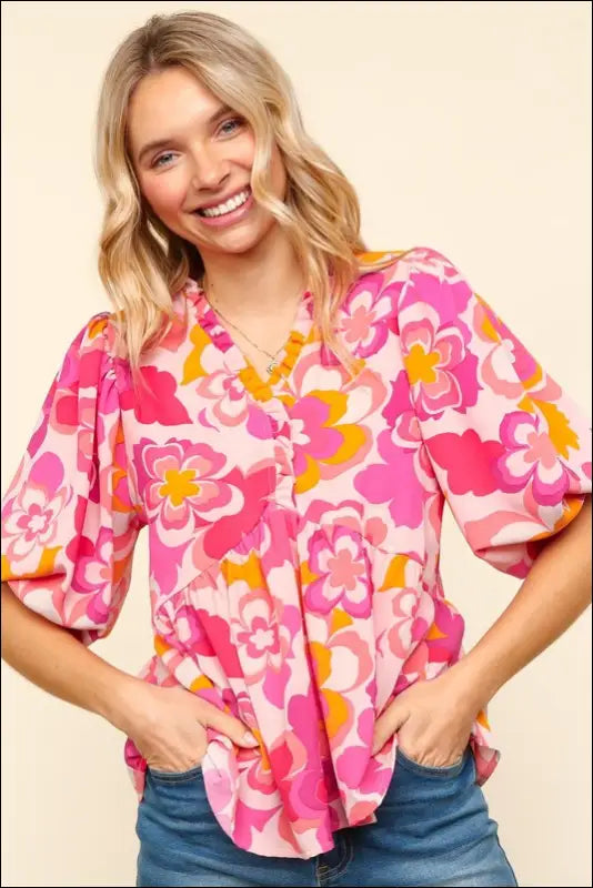 Haptics Full Size Frill Floral Puff Sleeve Blouse