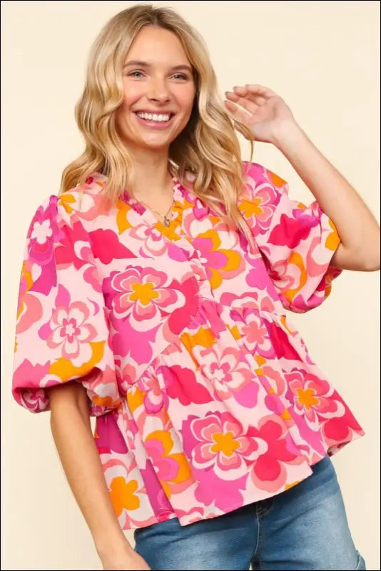 Haptics Full Size Frill Floral Puff Sleeve Blouse