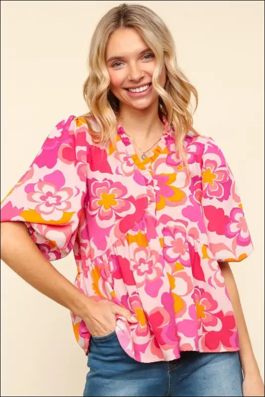 Haptics Full Size Frill Floral Puff Sleeve Blouse - Blush/Fuchsia / S