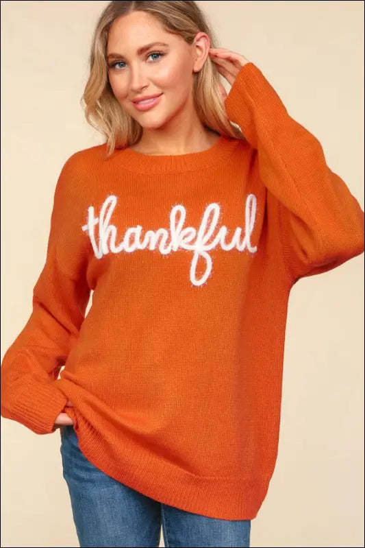 Haptics Full Size Metallic Glitter Embroidery Sweater - Orange-Red / S