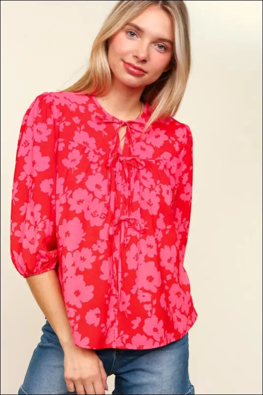 Haptics Full Size Ribbon Bow Floral Balloon Sleeve Blouse