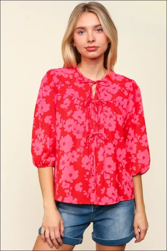 Haptics Full Size Ribbon Bow Floral Balloon Sleeve Blouse - Red/Pink / S