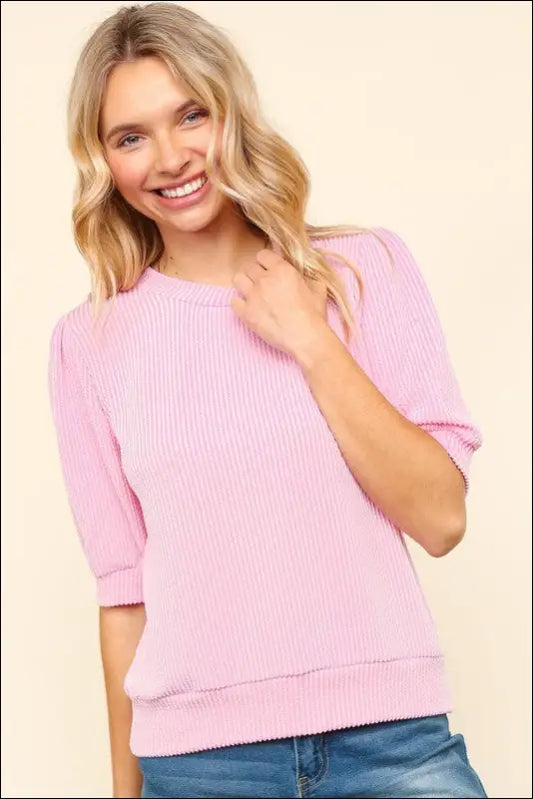 Haptics Full Size Wavy Rib Half Sleeve Knit Top - Blush Pink / S