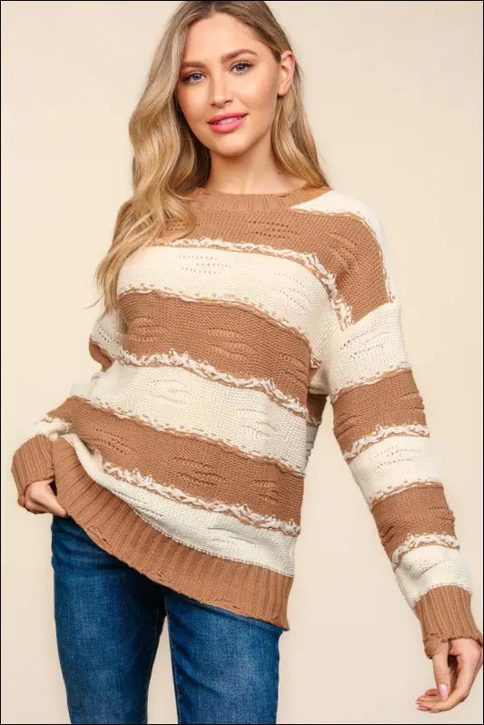 Haptics Striped Contrast Distressed Sweater - Camel/Ivory / S