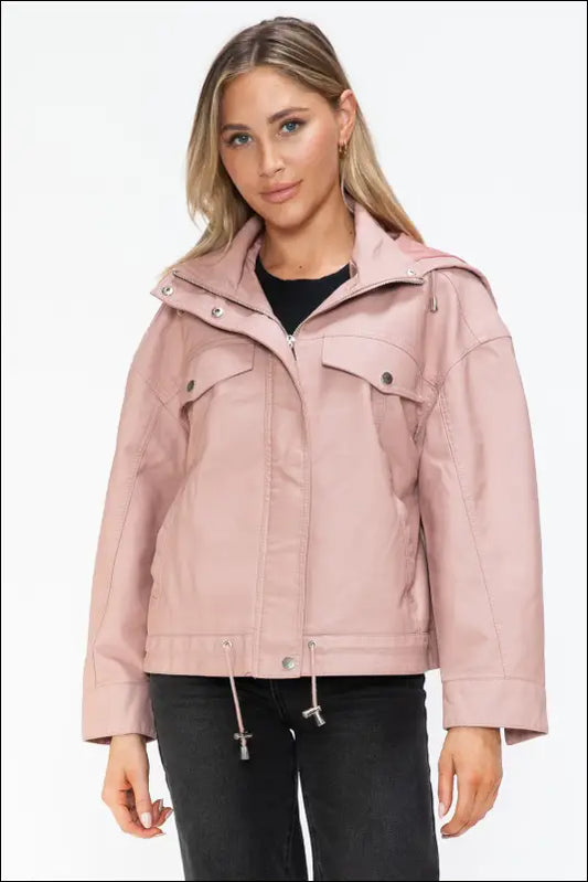 How Dare U Drawstring Hem PU Leather Zip Up Jacket - Mauve / S