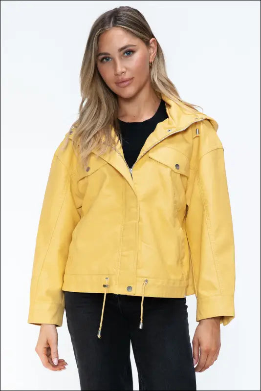 How Dare U Drawstring Hem PU Leather Zip Up Jacket - Pale Yellow / S