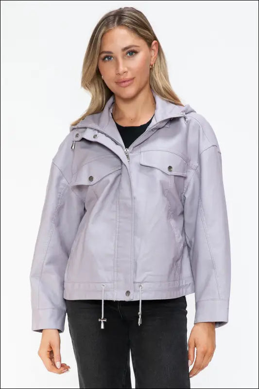 How Dare U Drawstring Hem PULeather Zip Up Mock Neck Jacket - Lilac / S - Leather