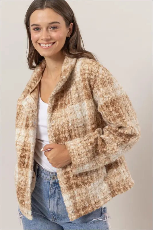 HYFVE Plaid Collared Neck Boucle Jacket with Pockets - Taupe / S