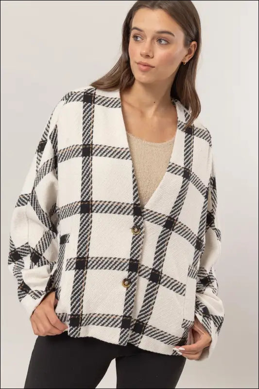 HYFVE Plaid Long Sleeve Jacket with Side Slit Pockets - Cream / S