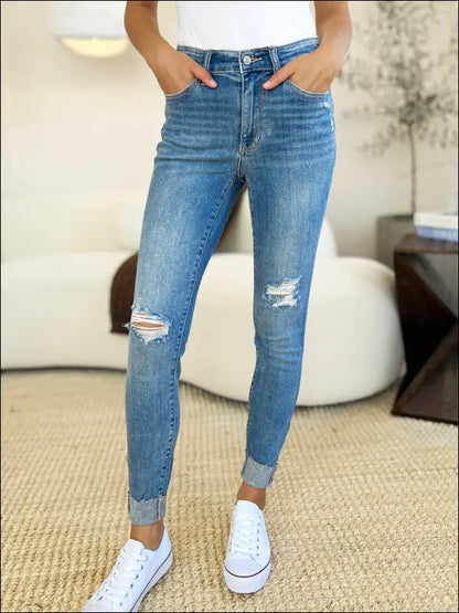 Judy Blue Full Size Mid Rise Destroy & Cuff Skinny Jeans