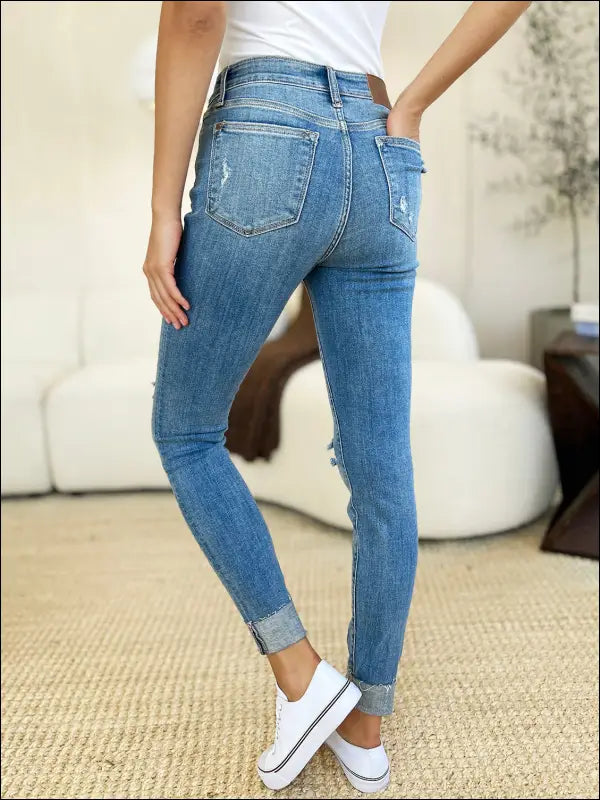 Judy Blue Full Size Mid Rise Destroy & Cuff Skinny Jeans