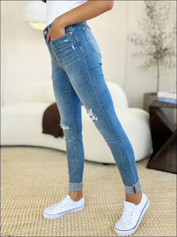 Judy Blue Full Size Mid Rise Destroy & Cuff Skinny Jeans