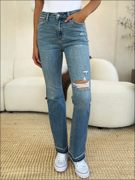 Judy Blue Full Size Mid Rise Destroyed Hem Distressed Jeans - Medium / 0(24)