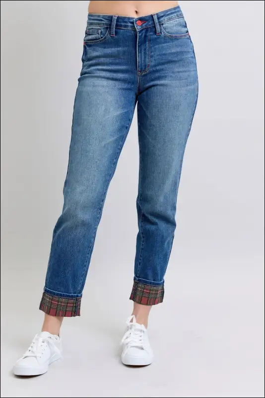 Judy Blue Full Size Plaid Print Cuff Straight Leg Jeans with Pockets