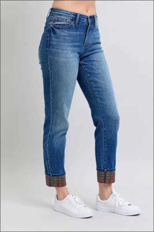 Judy Blue Full Size Plaid Print Cuff Straight Leg Jeans with Pockets