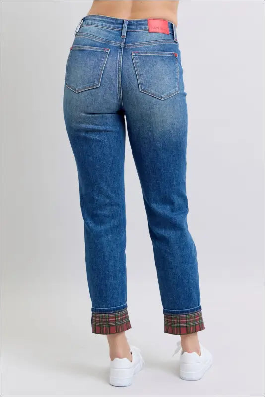 Judy Blue Full Size Plaid Print Cuff Straight Leg Jeans with Pockets