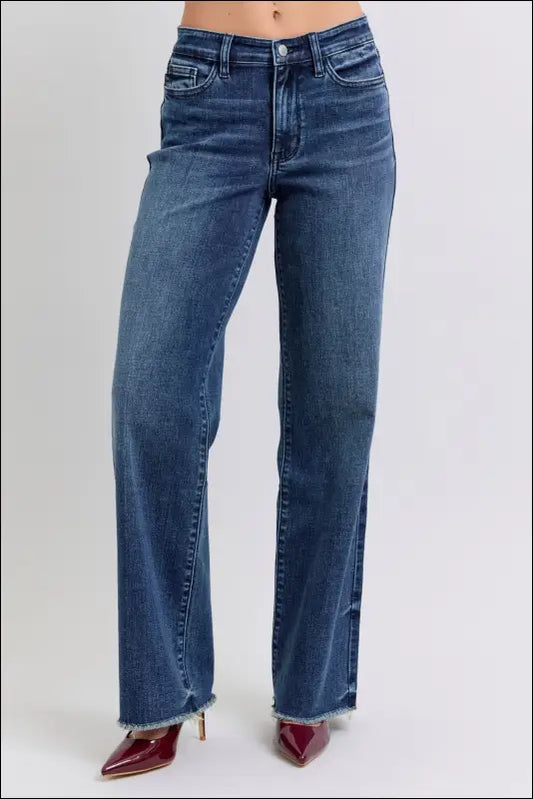 Judy Blue Full Size Raw Hem Mid Rise Jeans - Dark / 0(24)