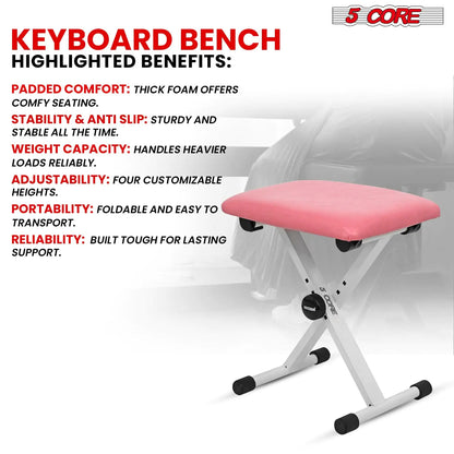 5 Core Keyboard Bench X Style Piano Stool Padded Adjustable Keyboards Chair Pink